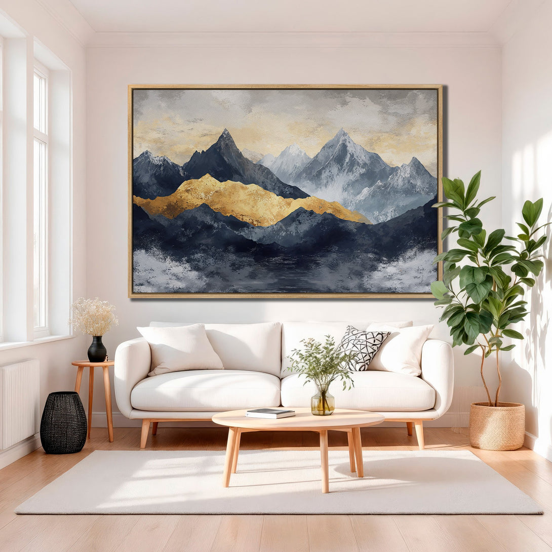 Framed Wall Art: Abstract mountain landscape in gold, navy, and gray. Modern artwork for living room decor. Enhance your space with this stunning Canvas Print.