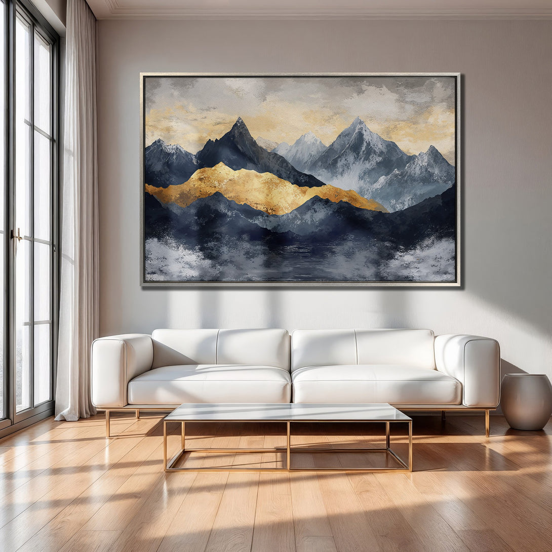 Framed Wall Art: Abstract mountain landscape in gold, blue, and gray. Modern art canvas print adds a touch of elegance to any interior.