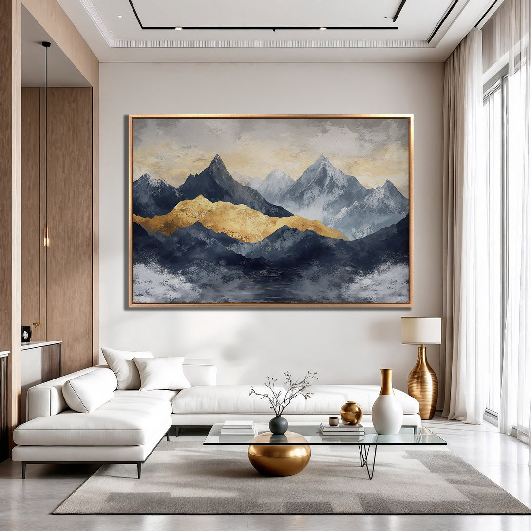 Framed Wall Art: Abstract mountain landscape in blue, gold, and gray hues. Elevate your space with this stunning canvas print!