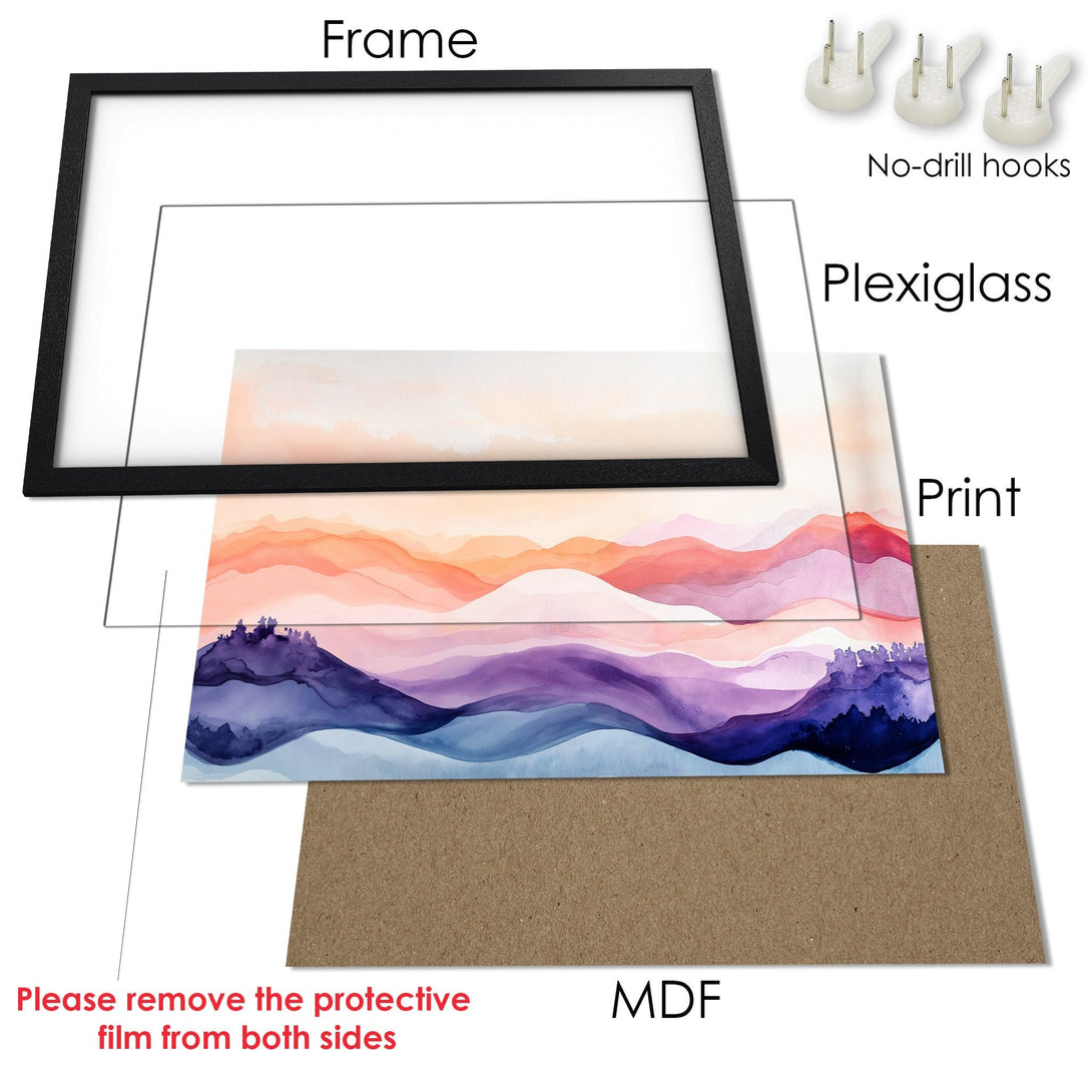 Framed Poster featuring watercolor mountain landscape art in a warm, pastel color palette. Ready to hang and elevate your space!