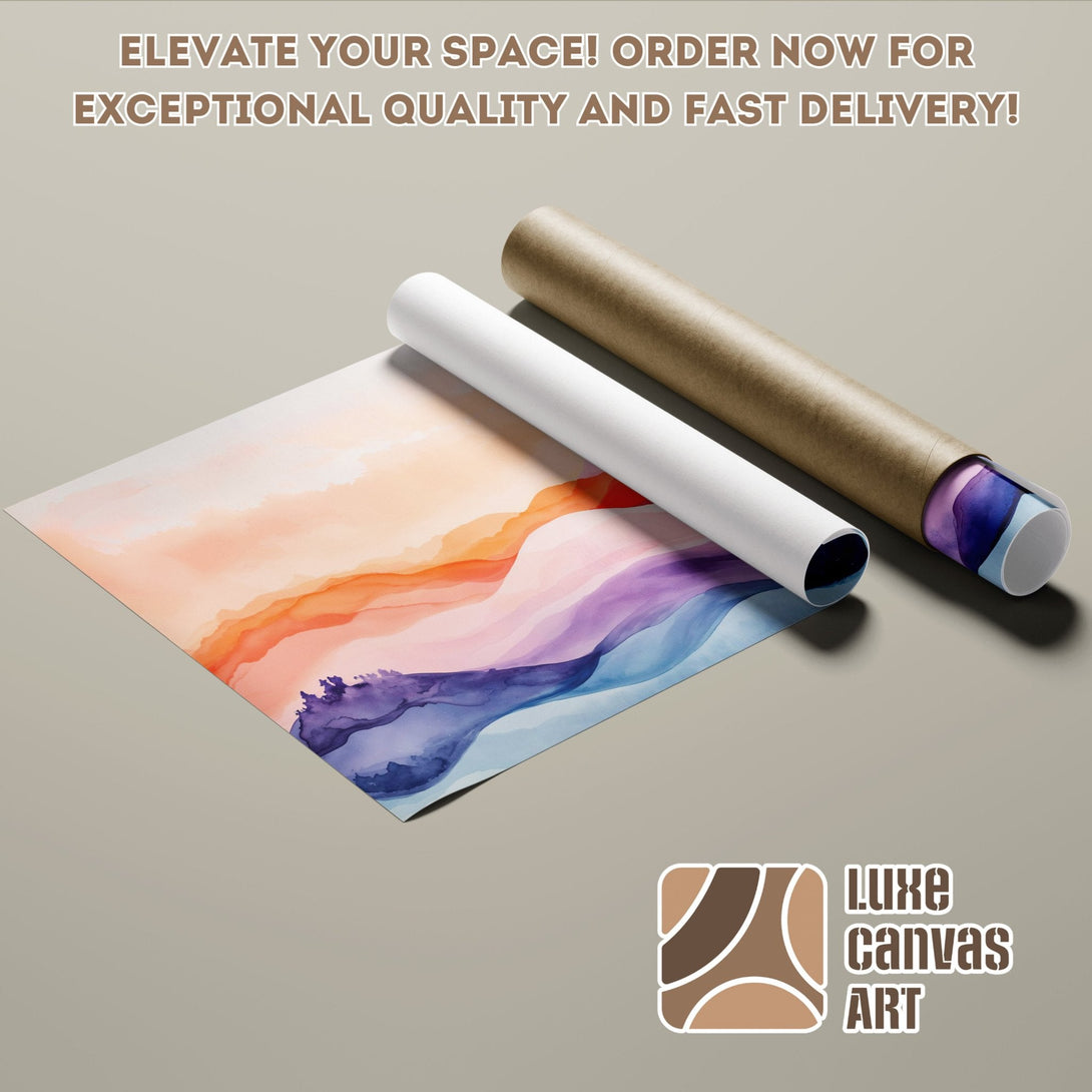 Abstract watercolor Poster Roll art in warm orange, purple, and blue tones. Elevate your space!
