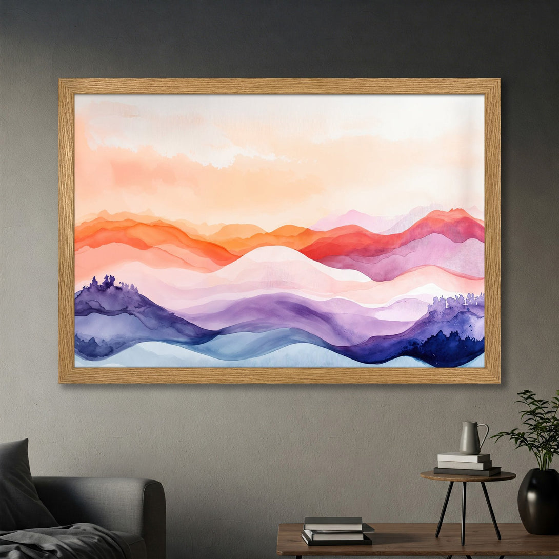 Framed Poster featuring a watercolor landscape with warm sunset colors and cool blues. Modern art print for home decor.