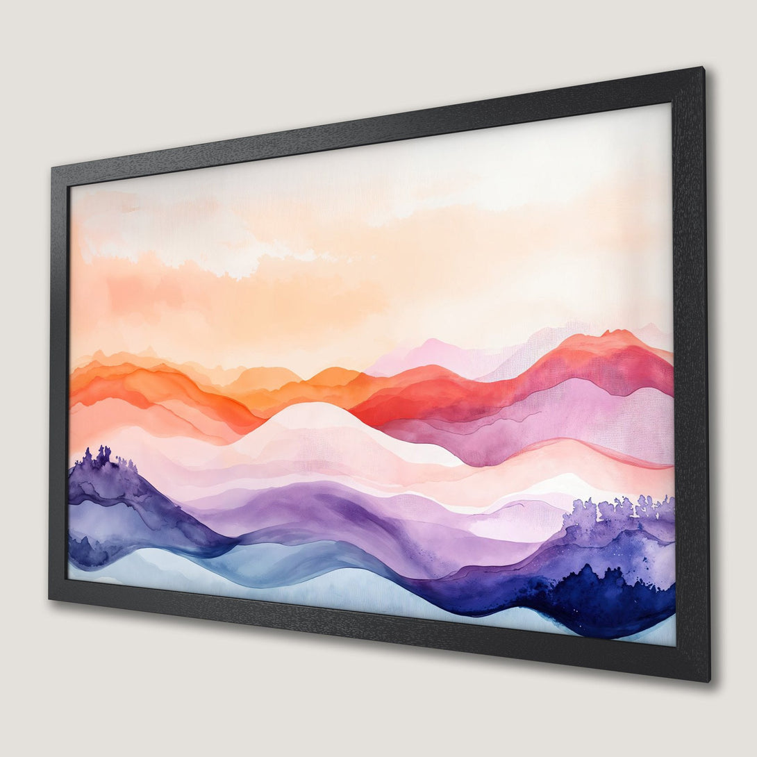 Framed Poster of watercolor mountains in warm sunset hues. Add a touch of art to your space!