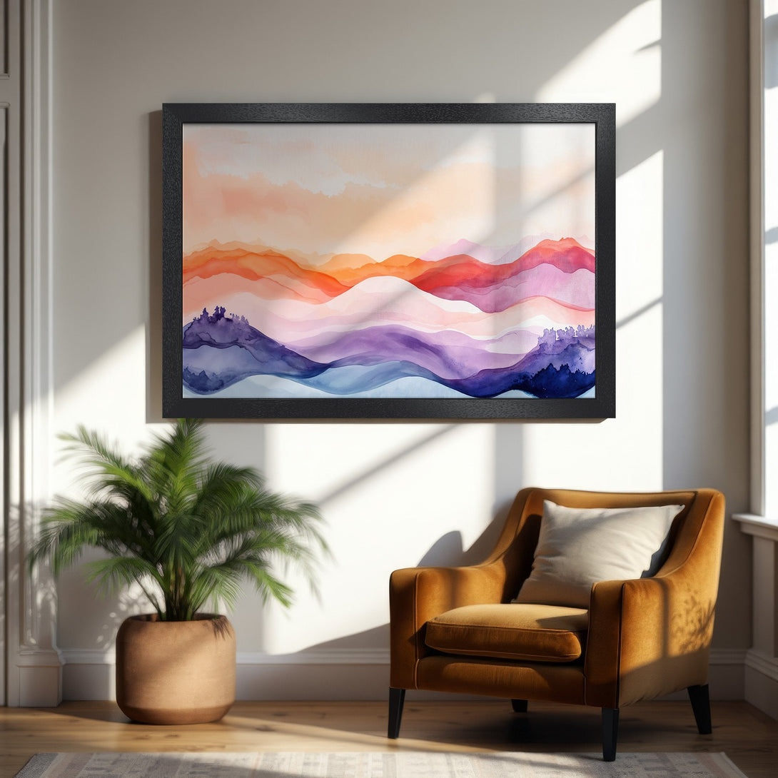 Framed Poster featuring watercolor mountain landscape art in warm orange, red, and purple tones. Perfect wall decor.