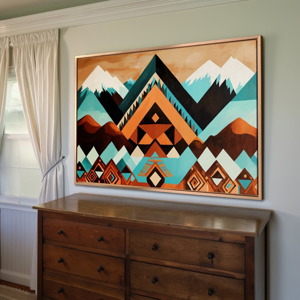 Framed Wall Art: Geometric mountain landscape canvas print. Earthy tones of orange, turquoise, and brown. Perfect for adding a touch of boho style.
