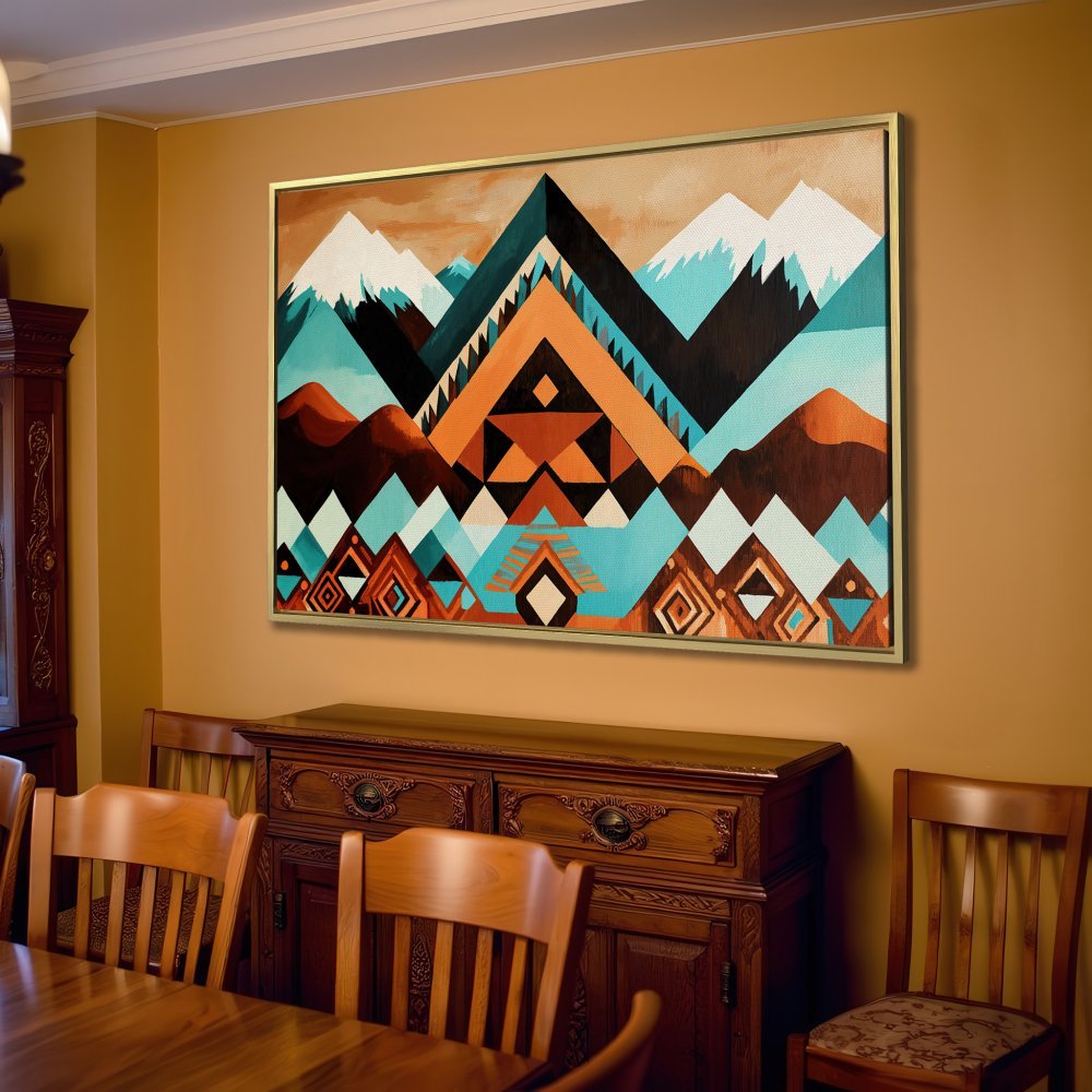 Canvas Print: Geometric mountain art in warm earth tones and turquoise. Perfect for modern living room decor.