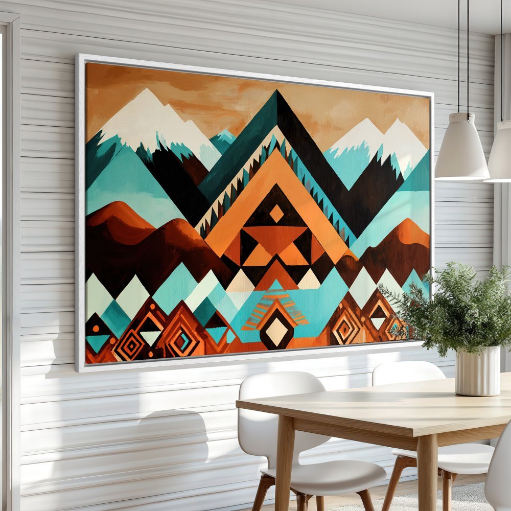 Framed Wall Art: Geometric mountain landscape Canvas Print in turquoise, orange, and brown. Perfect for modern boho decor.