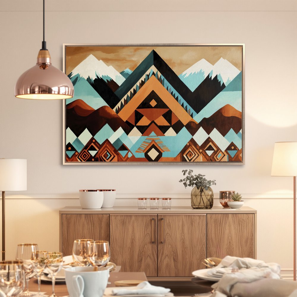 Framed Wall Art: Geometric mountain landscape Canvas Print in warm earth tones and turquoise. Elevate your home decor with this stylish piece.