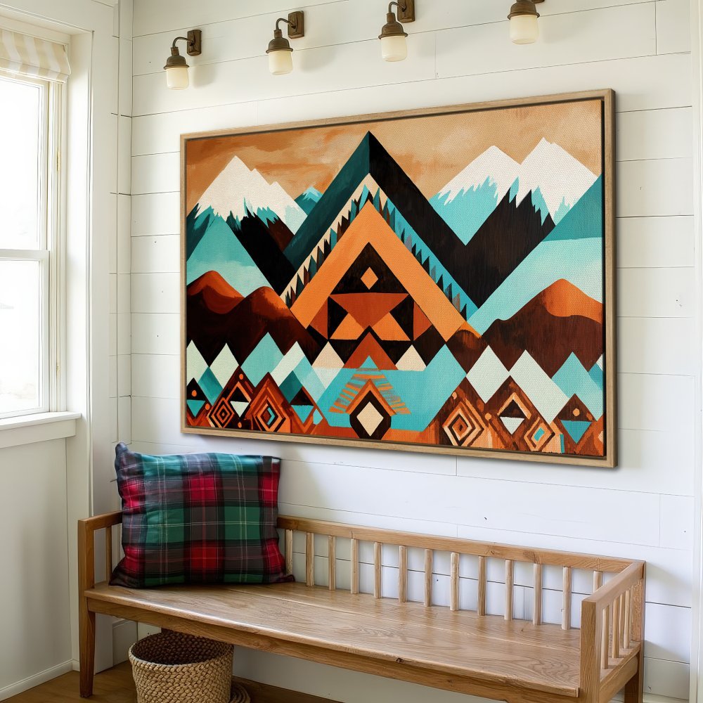 Framed Wall Art: Geometric mountain scene in teal, orange, and brown. Modern canvas print adds a pop of color to any interior.
