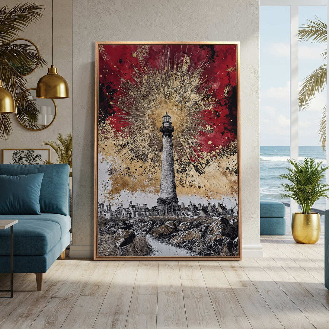 Framed Wall Art: Lighthouse art print with a red and gold abstract background. Coastal decor in a modern living room with blue accents.