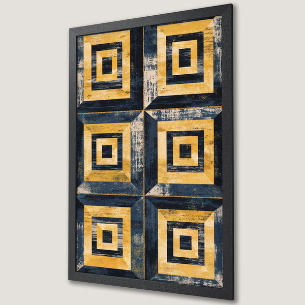 Framed Poster featuring a geometric design in yellow and navy blue. Abstract art style, perfect for modern decor.