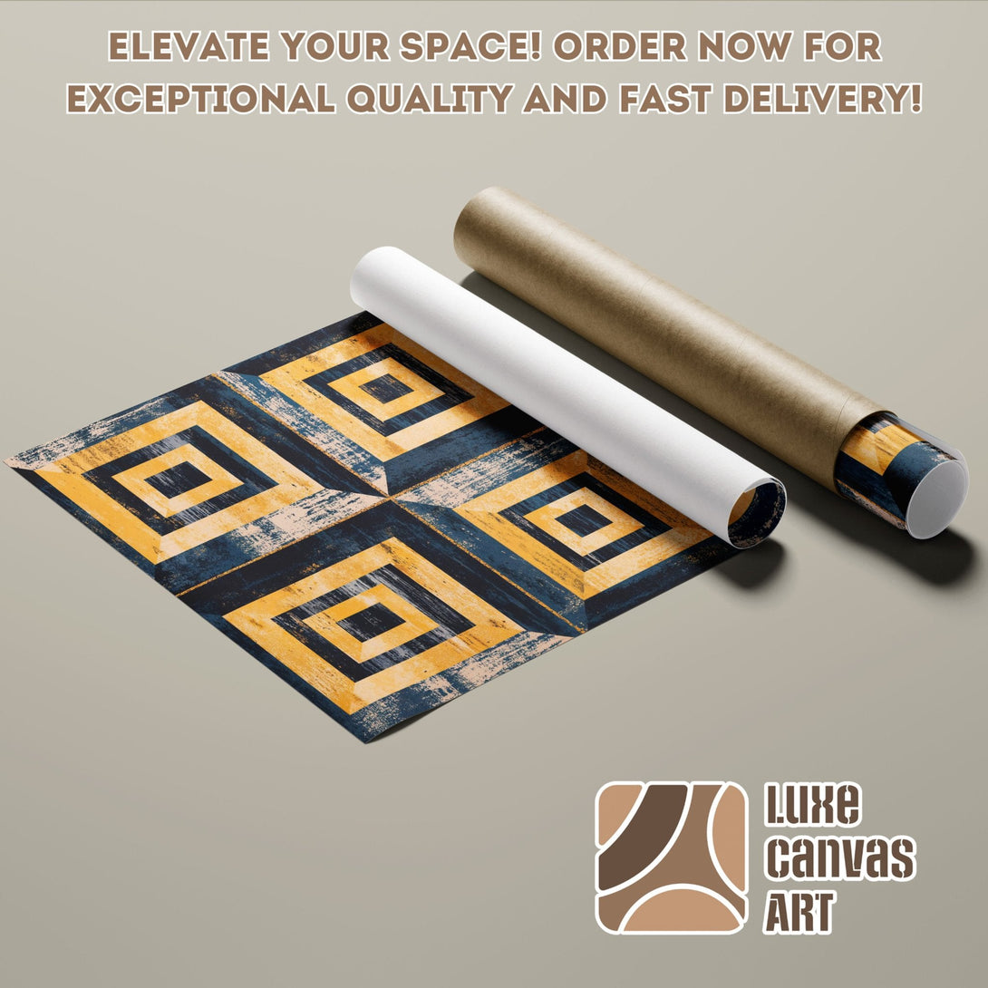 Geometric abstract Poster Roll in blue, yellow, and brown tones. Elevate your space!