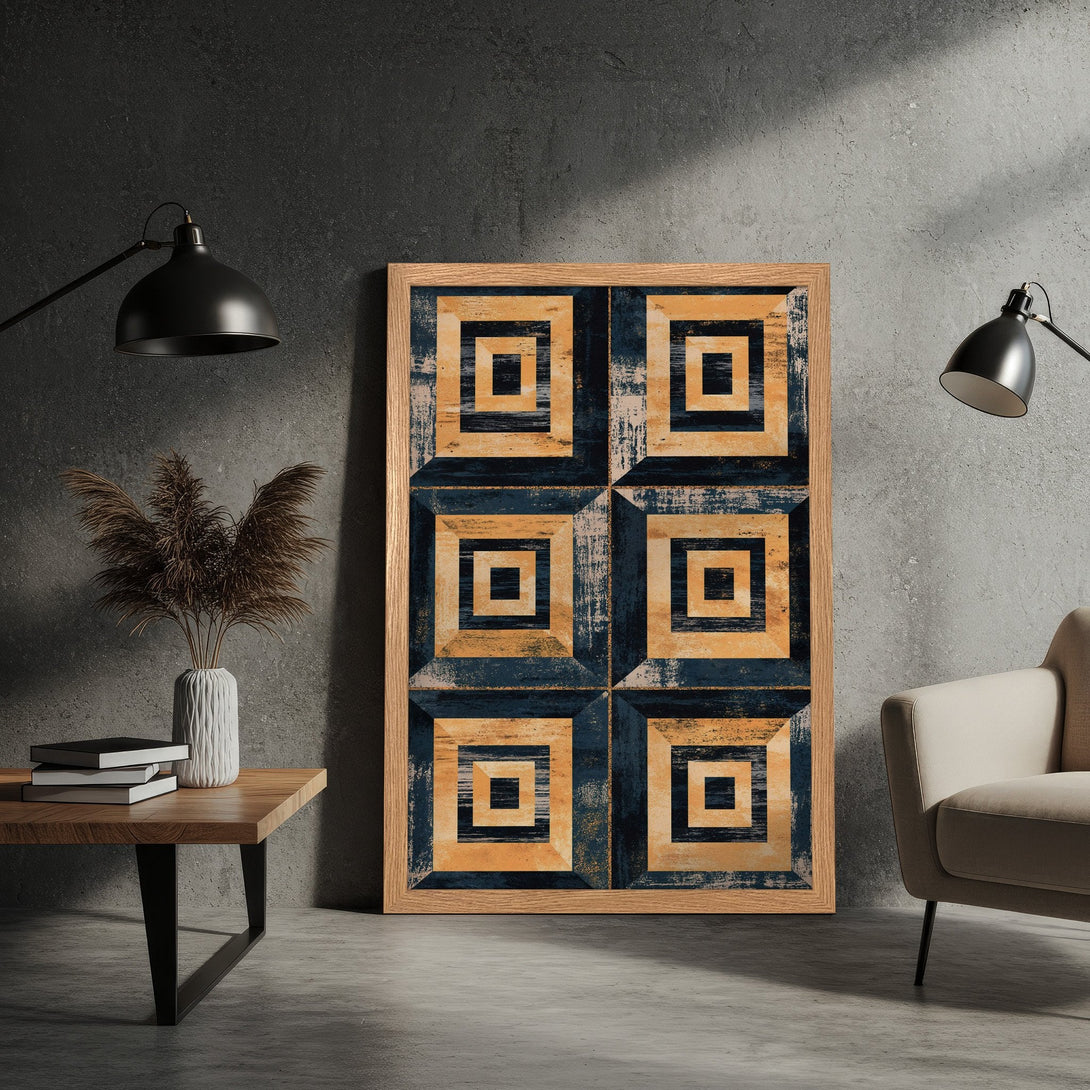 Framed Poster with geometric design in blue and gold hues, perfect for modern home decor.