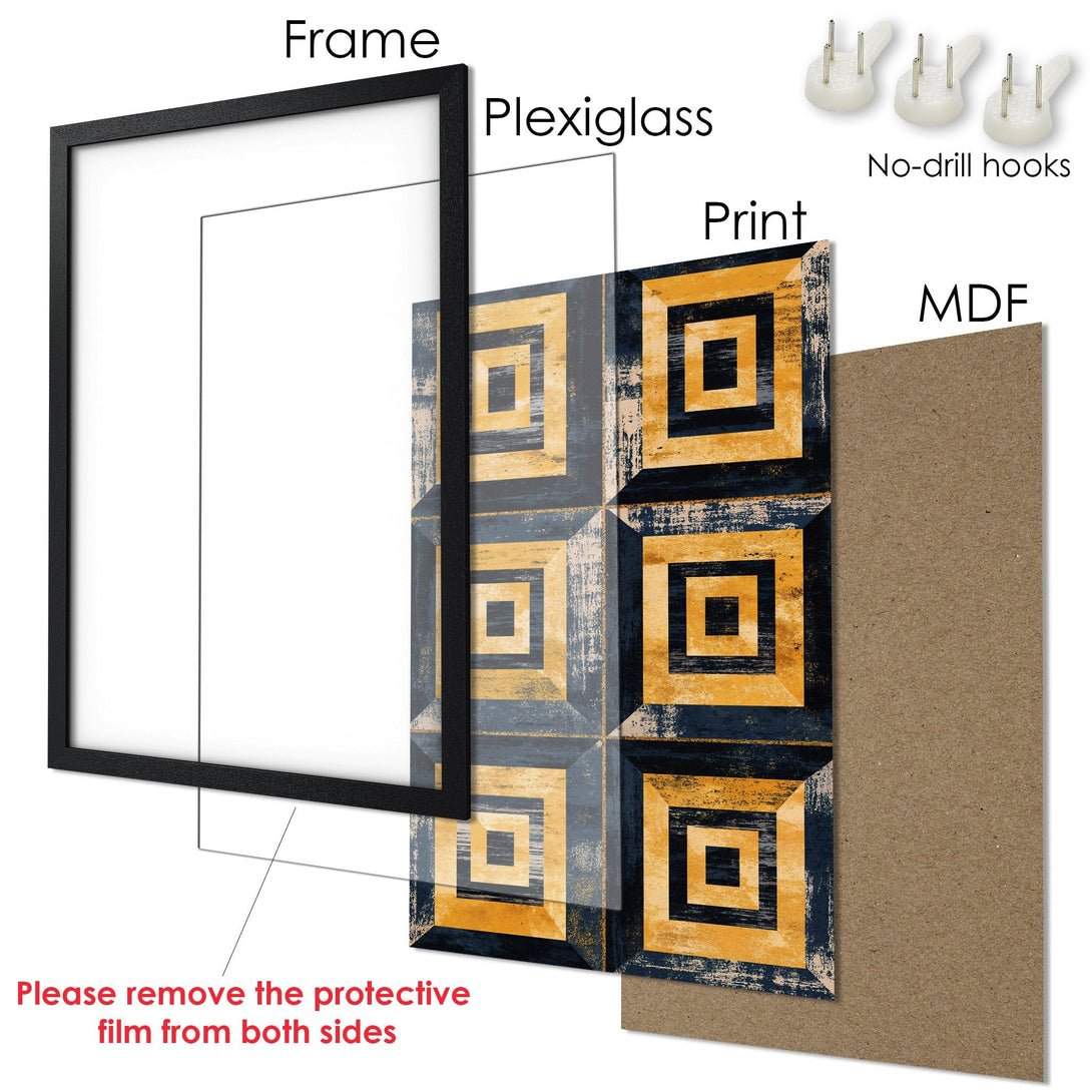 Framed Poster with geometric design in yellow, blue, and gray. Modern art print for home decor. Includes frame, plexiglass, and MDF backing.
