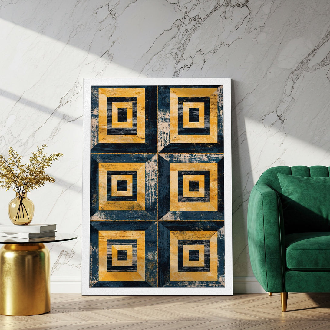 Framed Poster featuring geometric design in navy blue and gold. Modern art print for home decor.