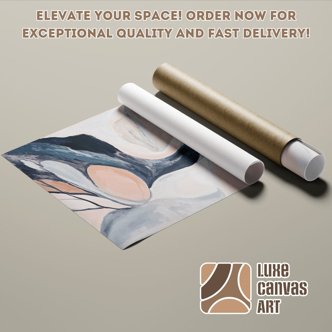 Abstract art poster roll in muted blue, pink, and gray tones. Elevate your space with Luxe Canvas Art!