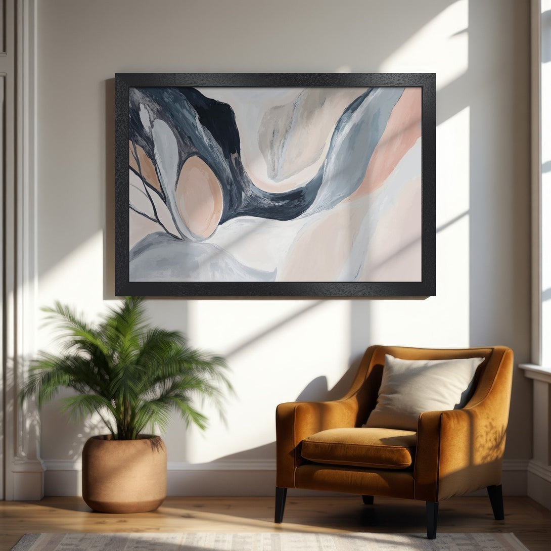 Framed Poster featuring abstract art in neutral tones. Perfect for modern home decor.