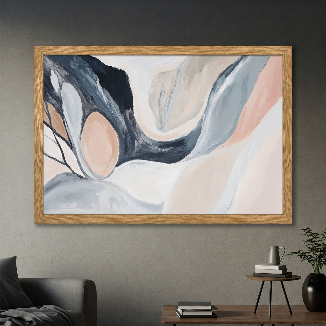 Framed Poster of abstract art with flowing shapes in muted pink, gray, and black tones. Modern wall decor.