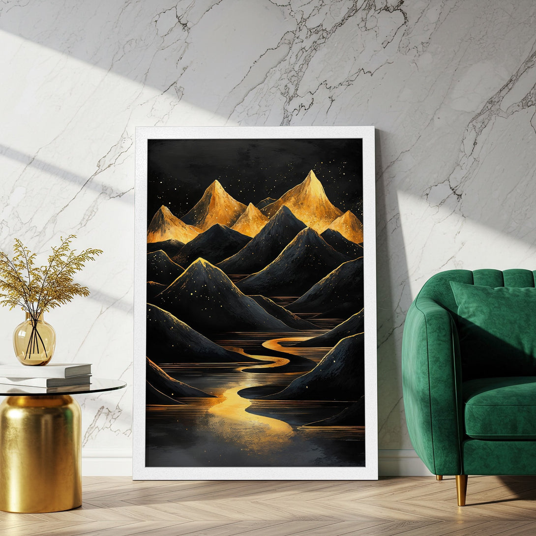 Framed Poster featuring a mountain landscape in a modern style with a gold and black color palette. Perfect wall art!