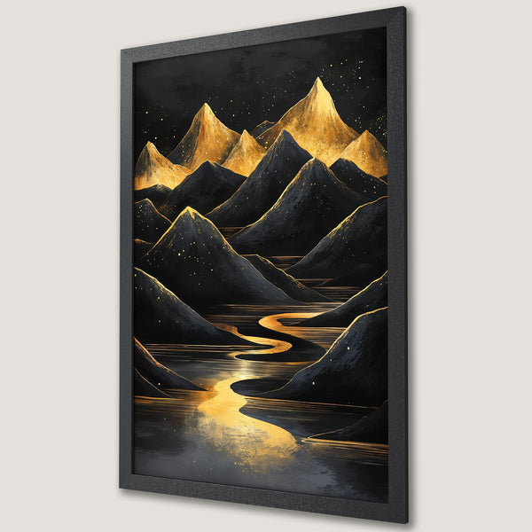 Framed Poster featuring a mountain landscape in a dark, painterly style with gold and black color palette. Perfect wall art for any room.