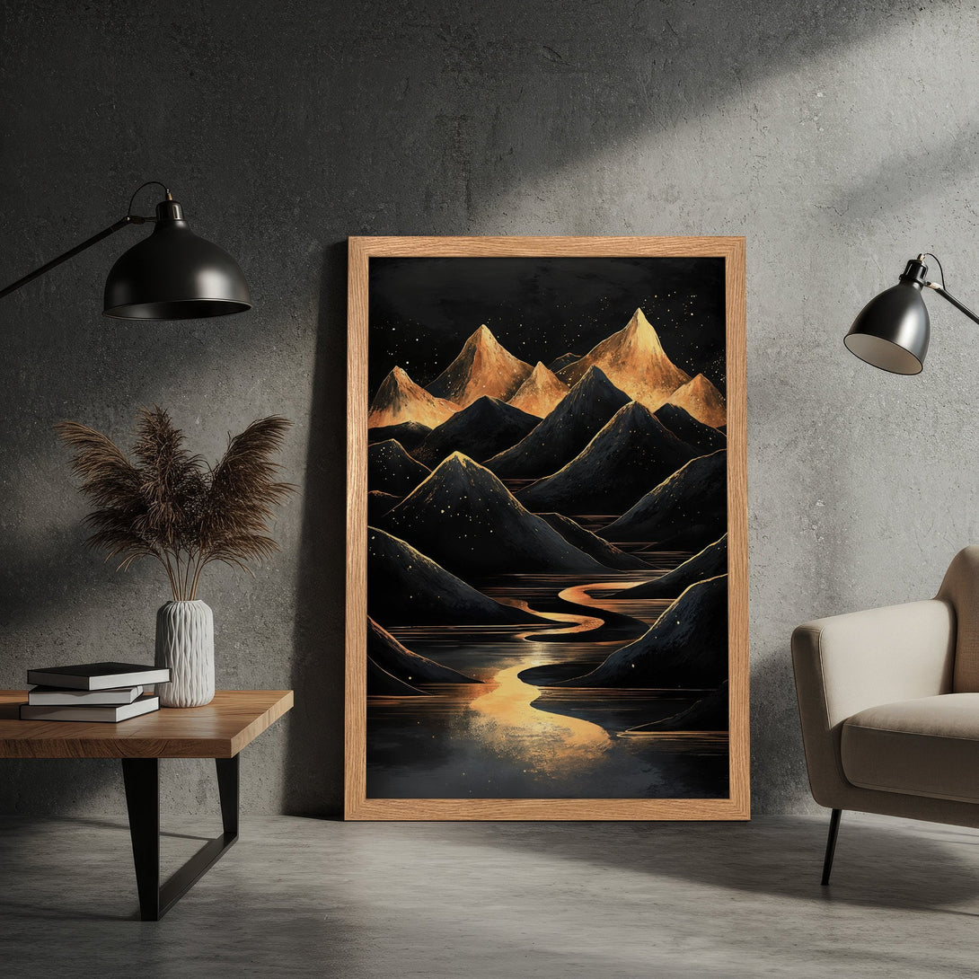 Framed Poster featuring a stylized mountain landscape in a dark, warm color palette. Perfect wall art for any room!