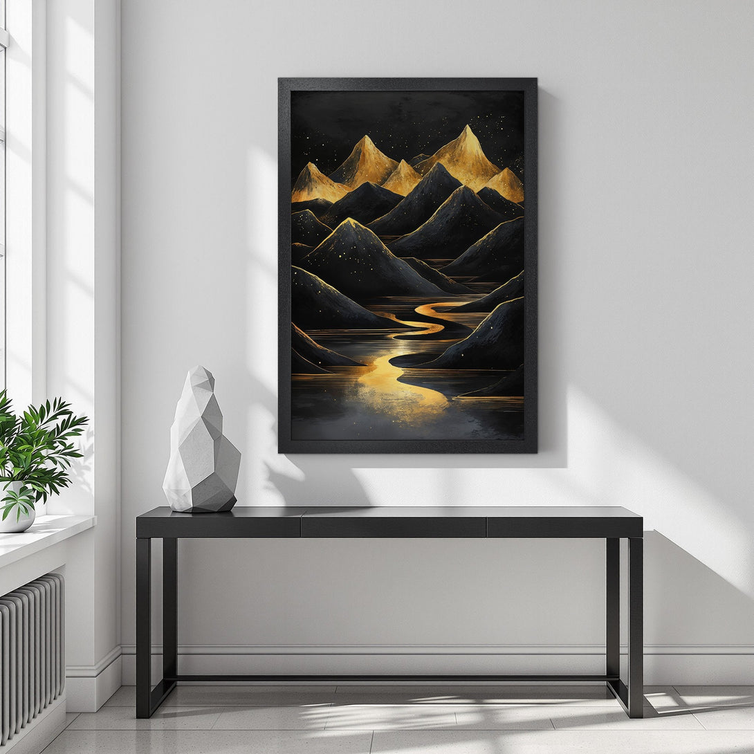 Framed Poster of a mountain landscape in gold and black. Modern art style, perfect for home decor.