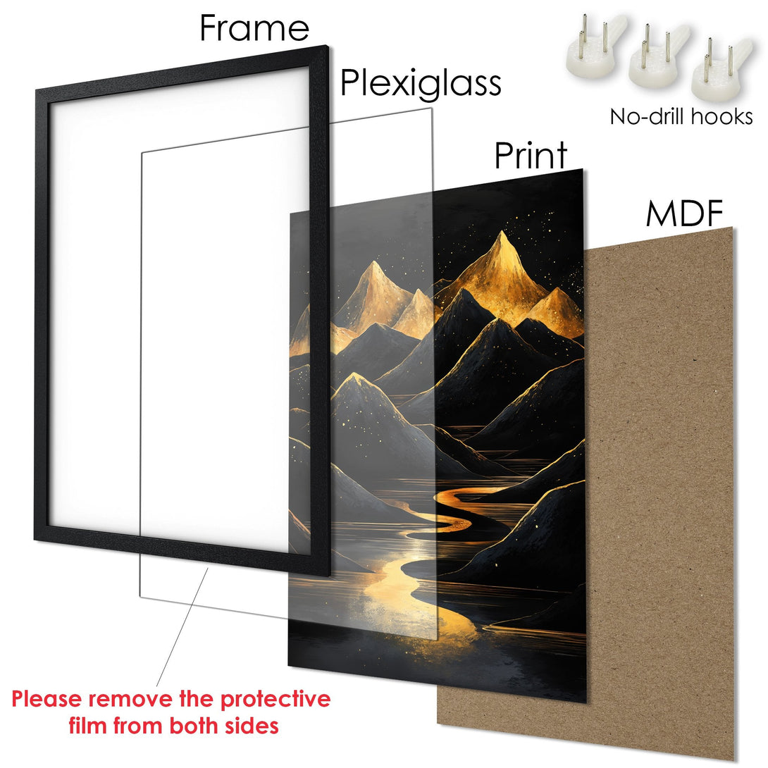 Framed Poster featuring a mountain landscape in black, gold, and gray tones. Modern art print for your home decor.