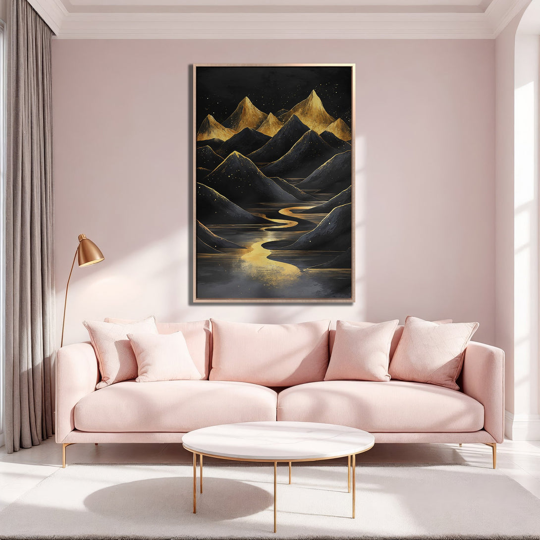 Framed Wall Art: Abstract mountain landscape in black & gold. Modern art print with a luxurious, elegant style. Perfect for adding a touch of sophistication.