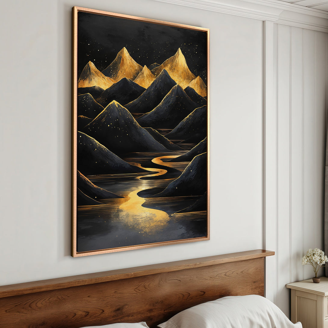 Framed Wall Art: Abstract mountain landscape in black & gold. Modern canvas print with a stunning color palette. Perfect for bedroom decor!