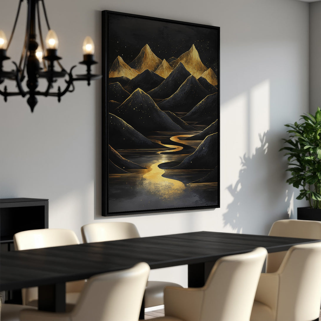 Framed Wall Art: Abstract mountain landscape Canvas Print in black & gold. Modern art for your home decor. Shop now!