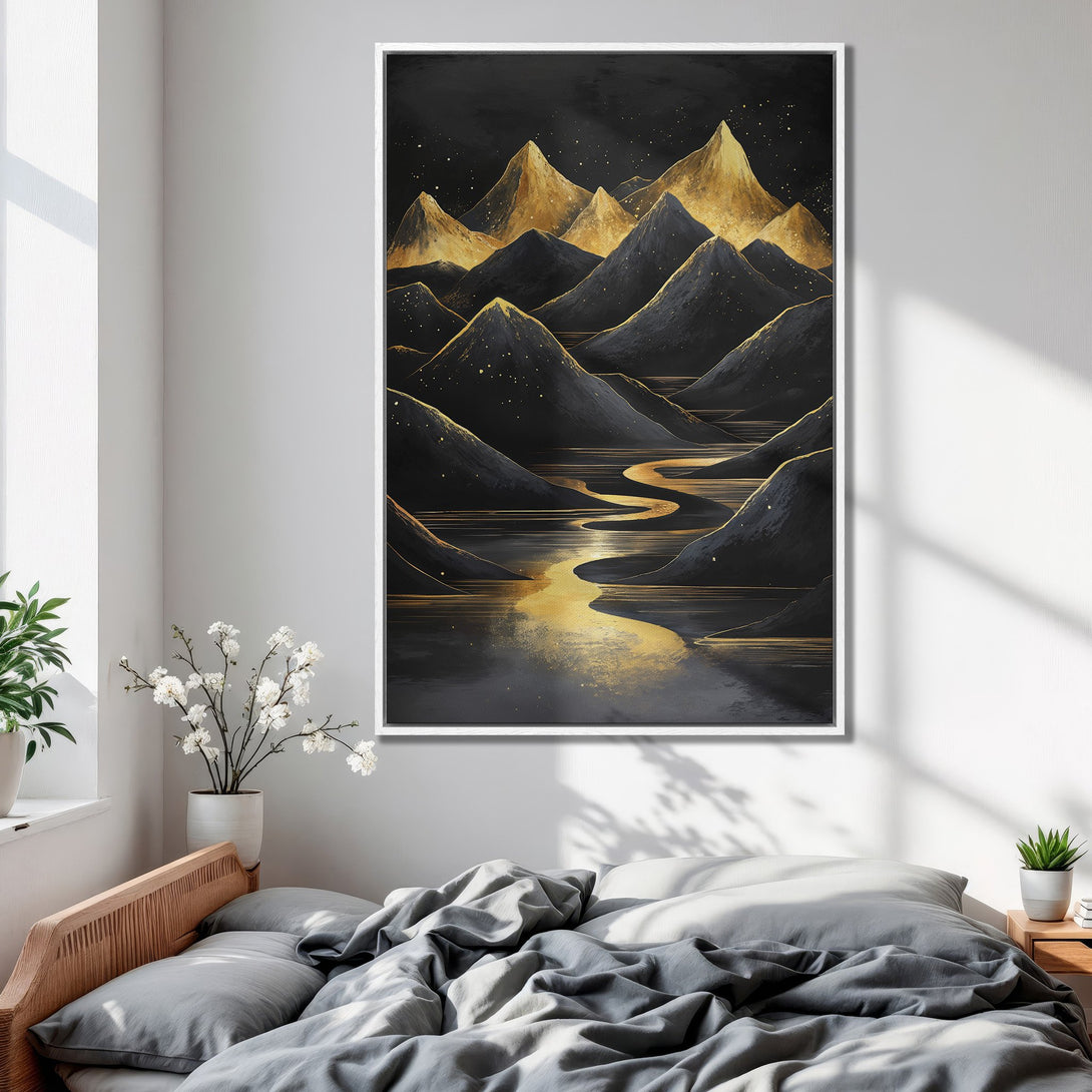 Framed Wall Art: Abstract mountain landscape in gold and black. Modern art print for bedroom decor. Enhance your space with this stunning canvas.