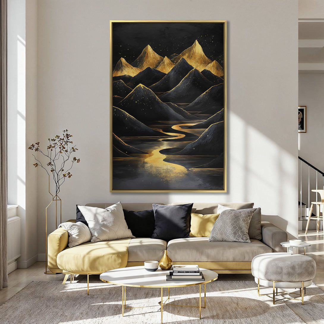 Canvas Print of a golden mountain landscape in a modern style. Black, gold, and dark tones create a luxurious aesthetic.