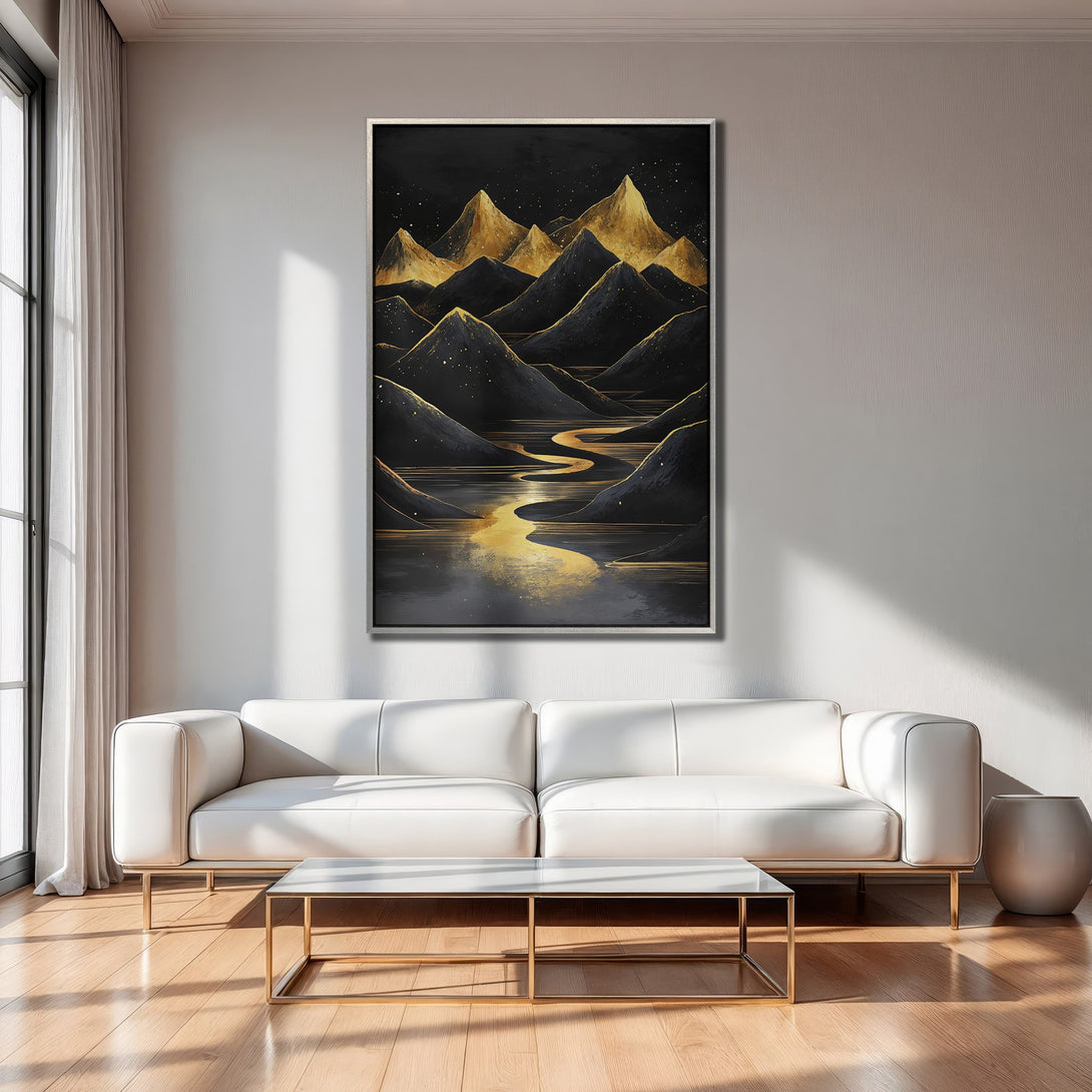 Framed Wall Art: Abstract mountain landscape in gold and black. Modern art canvas print for a luxurious living room aesthetic.