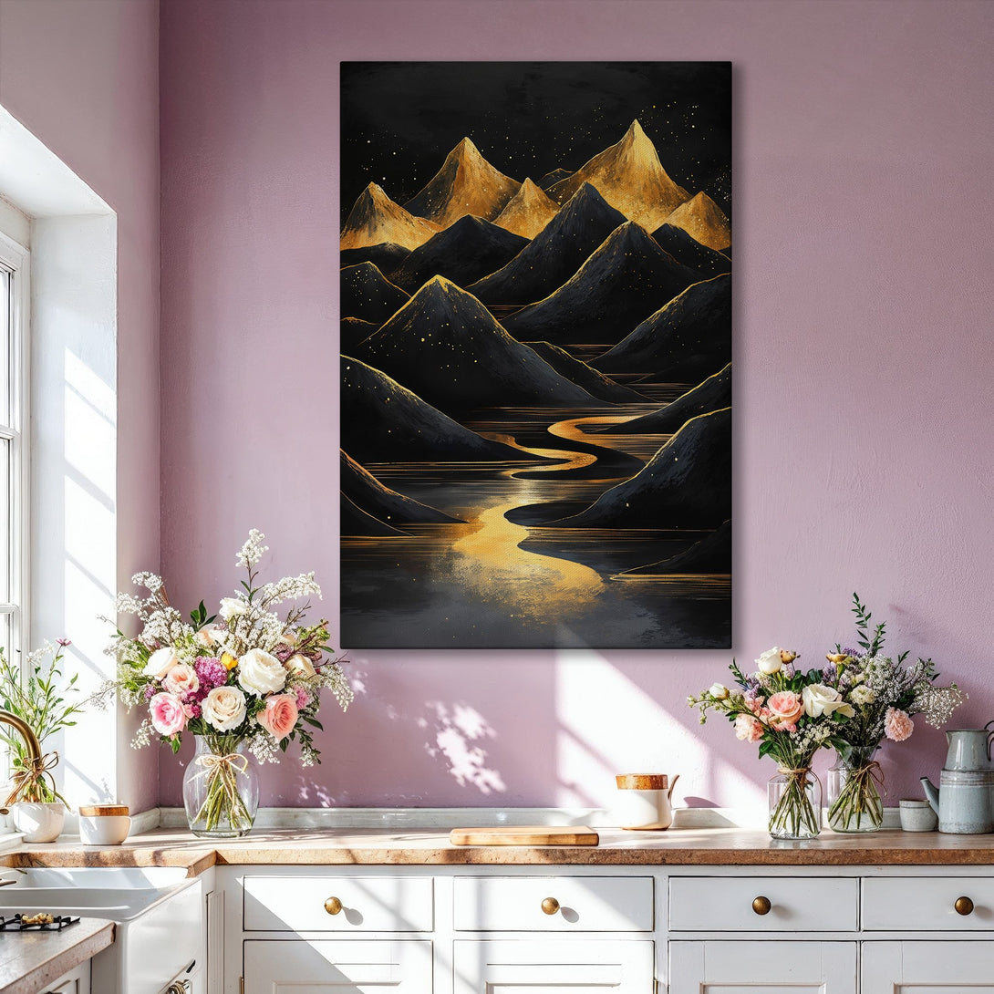 Framed Wall Art: Abstract mountain landscape in gold and black. Modern art Canvas Print adds a touch of luxury to any interior.