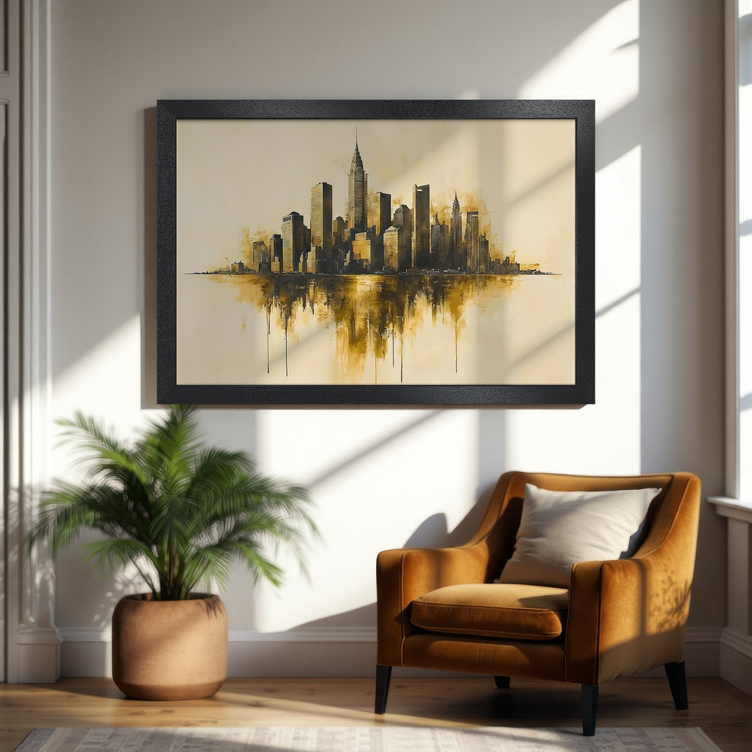 Framed Poster of NYC skyline in sepia tones, perfect for modern decor. Add a touch of urban elegance to your space!