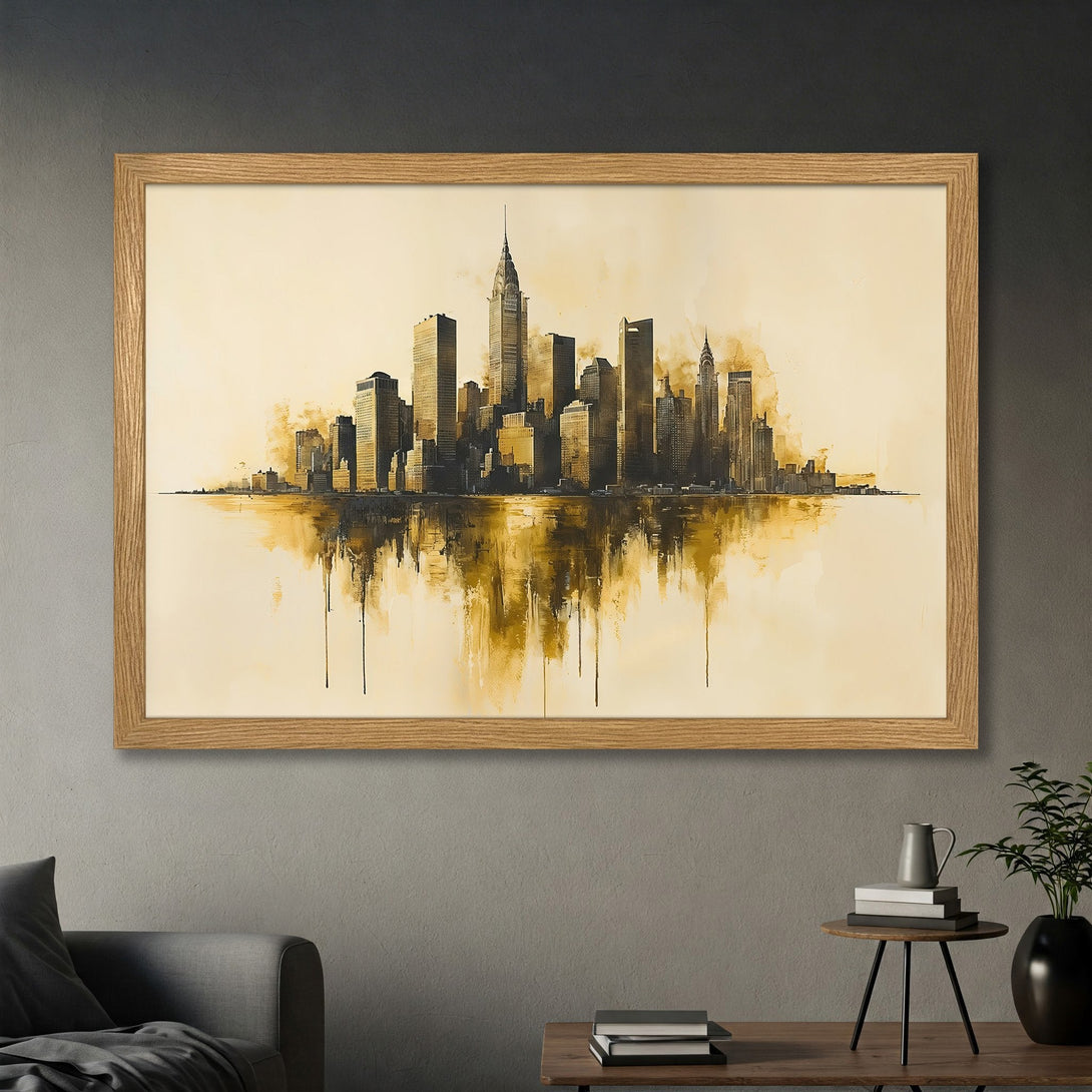 Framed Poster of NYC skyline in sepia tones. Modern art print with a warm, neutral color palette. Perfect wall decor.