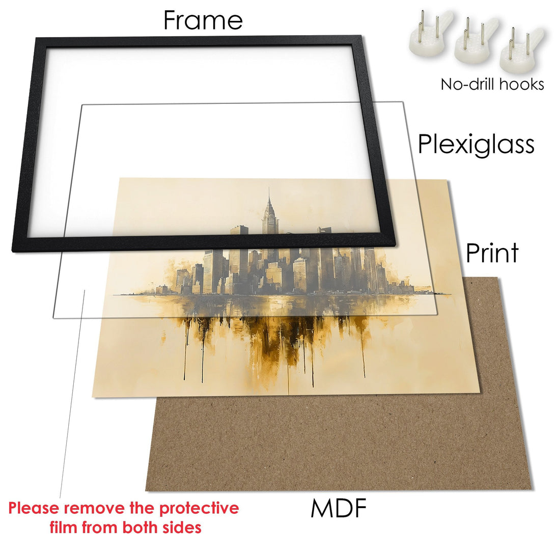 Framed Poster of a cityscape in sepia tones. Stylish art print ready to hang. Add a touch of elegance to your space!