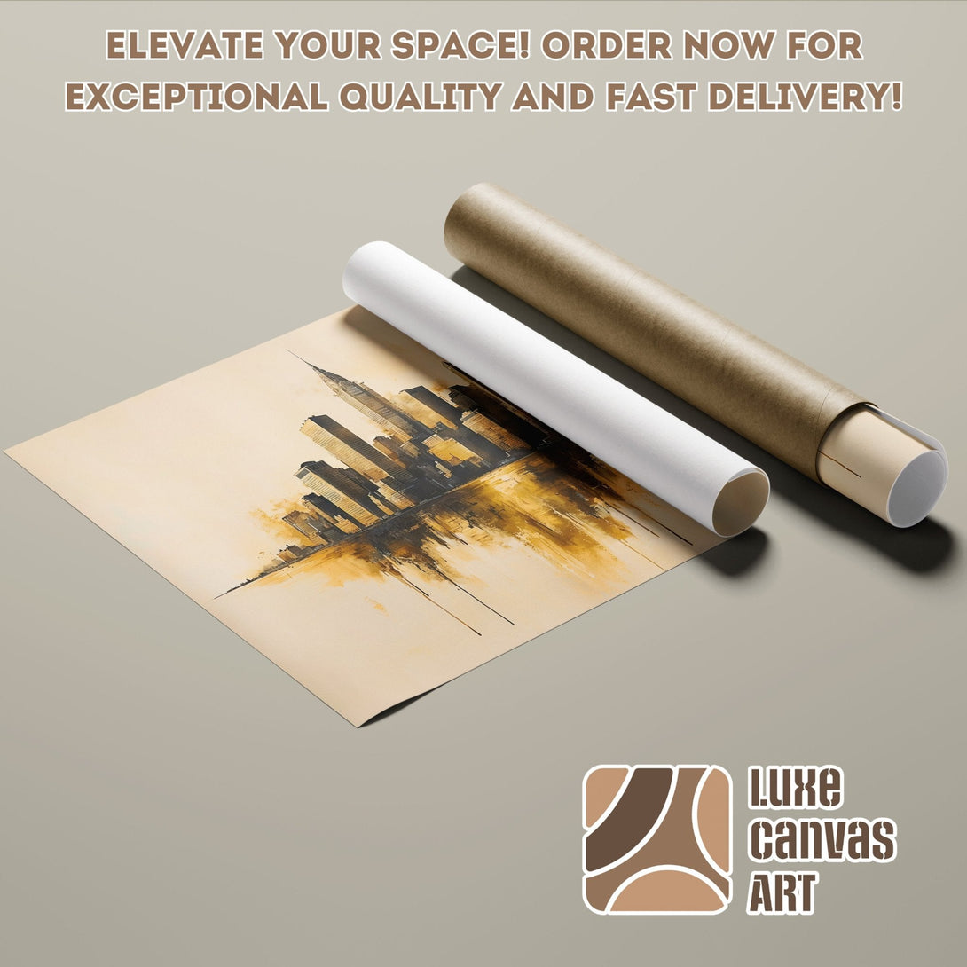 Abstract skyline poster roll, warm beige and brown tones. Elevate your space with Luxe Canvas Art!
