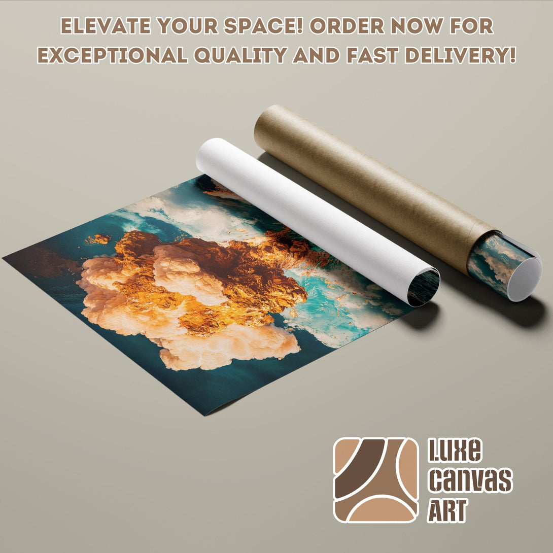 Poster Roll featuring an abstract landscape art print. Earthy tones of orange, teal, and brown. Elevate your space with Luxe Canvas Art!