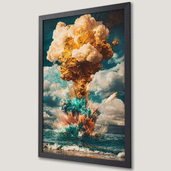 Framed Poster of an abstract explosion over ocean. Dramatic art with teal, gold, and brown color palette. Perfect for home decor.