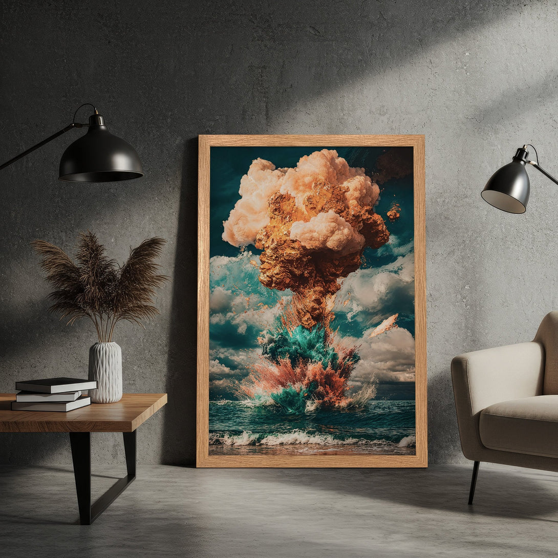 Framed Poster featuring an abstract explosion art print in a vibrant teal, orange, and blue color palette. Perfect wall decor!