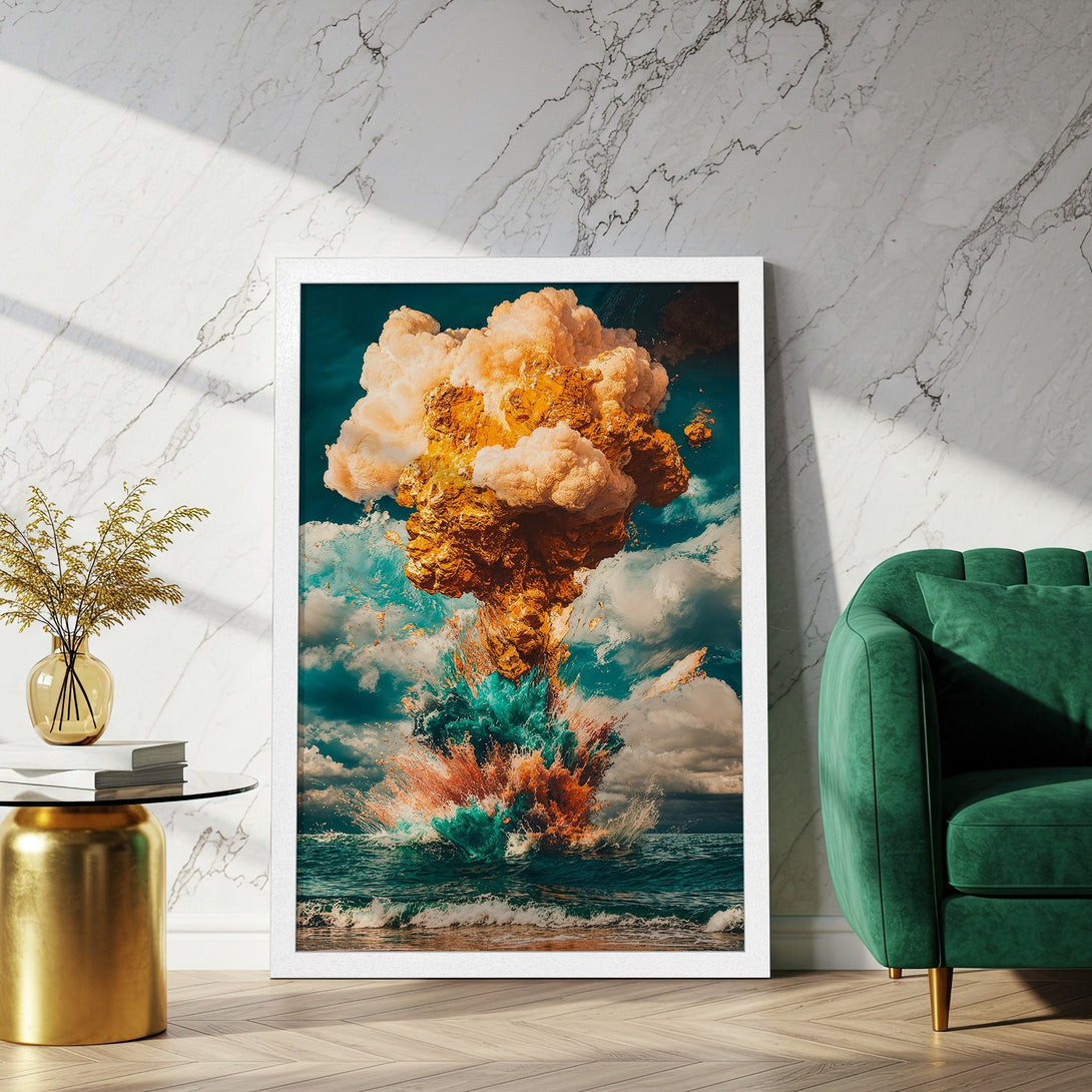 Framed Poster featuring an abstract ocean explosion in teal, gold, and orange. Modern art print for home decor.