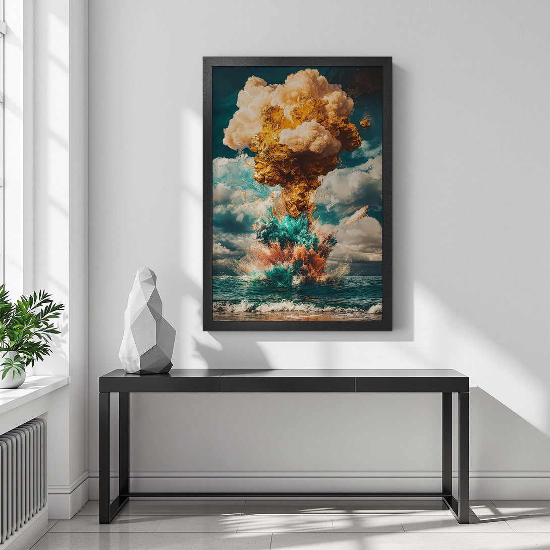 Framed Poster of an explosion over the ocean, vibrant colors. Modern art style with a dramatic color palette of gold, blue, and teal.