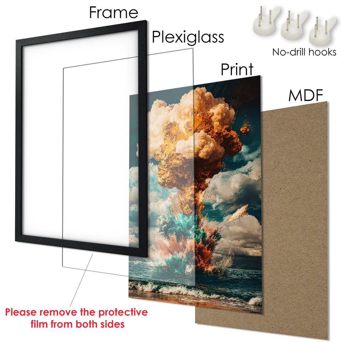 Framed Poster featuring an abstract ocean scene in teal, orange, and white. Modern art style, ready to hang.