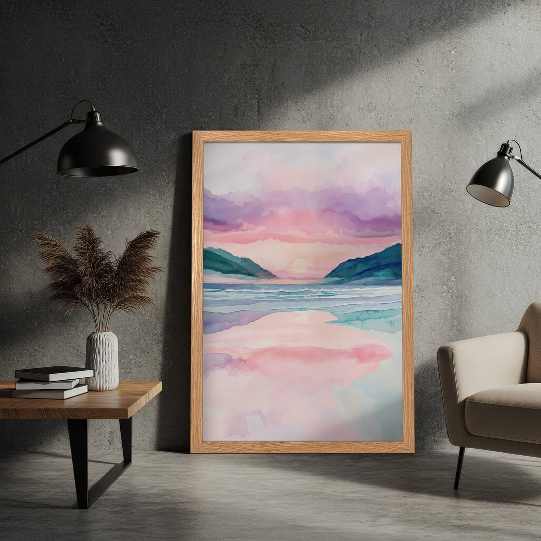 Framed Poster featuring a watercolor landscape with a pink and purple sunset. Perfect wall art for serene home decor.