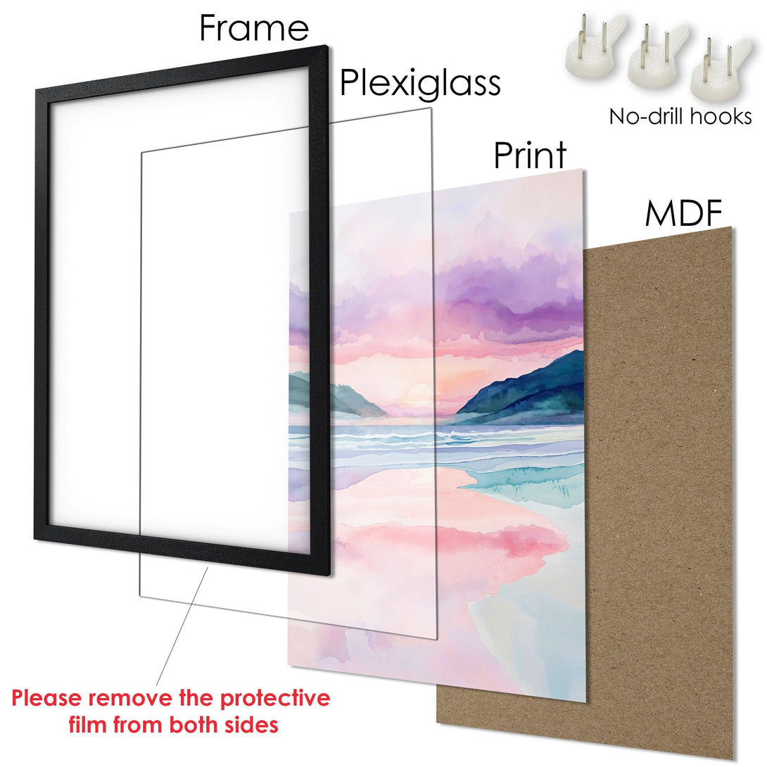 Framed Poster with watercolor landscape art. Features a black frame, pastel colors, and ready to hang. Perfect wall decor!