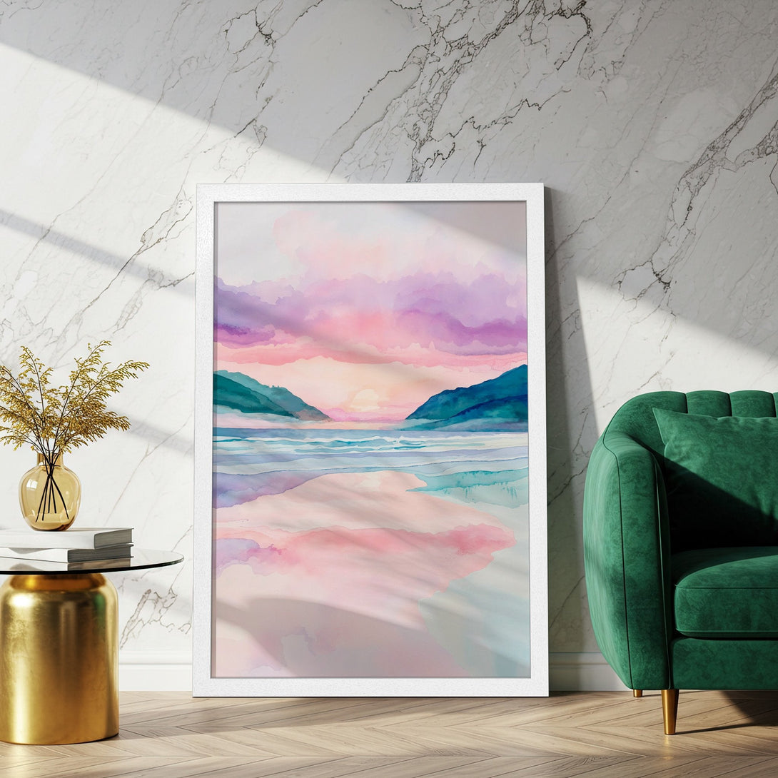 Framed Poster of a watercolor landscape with a pink and blue color palette, perfect for adding a touch of serenity to your space.