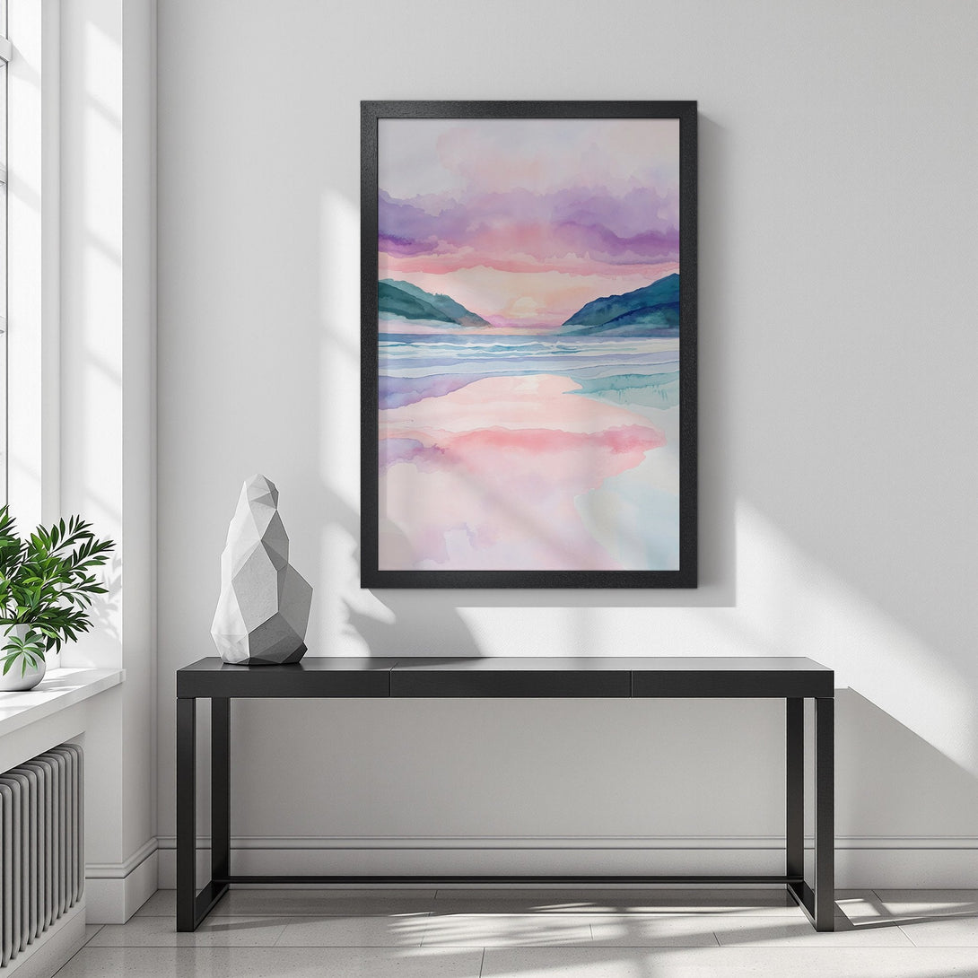Framed Poster of a watercolor landscape with pink, purple, and blue hues. Perfect wall art for a serene and stylish home.