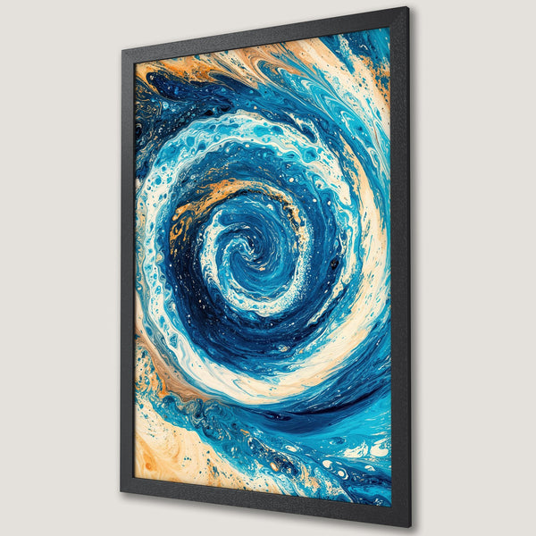 Framed Poster featuring an abstract swirling design in blue, gold, and white. Modern art print for your home decor.
