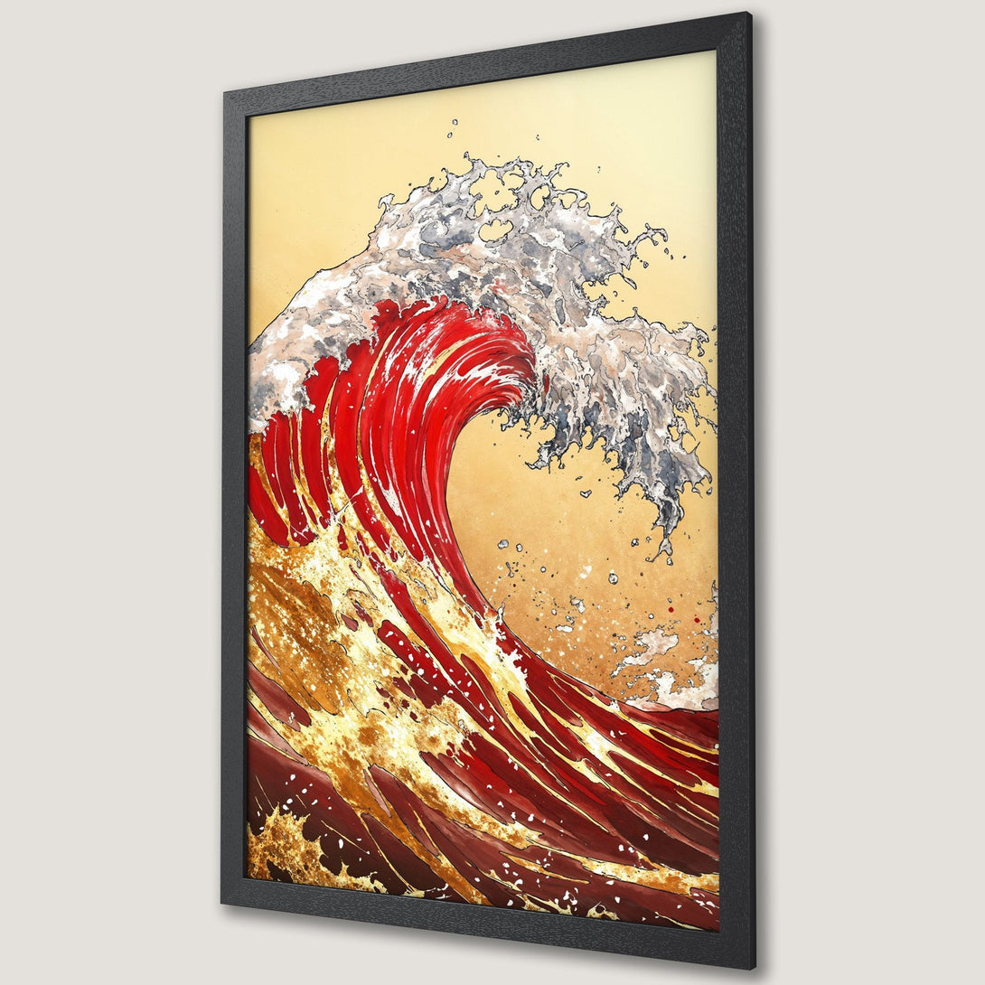 Framed Poster featuring a vibrant red wave in a Japanese-inspired art style. Earthy tones and bold lines create a stunning visual.
